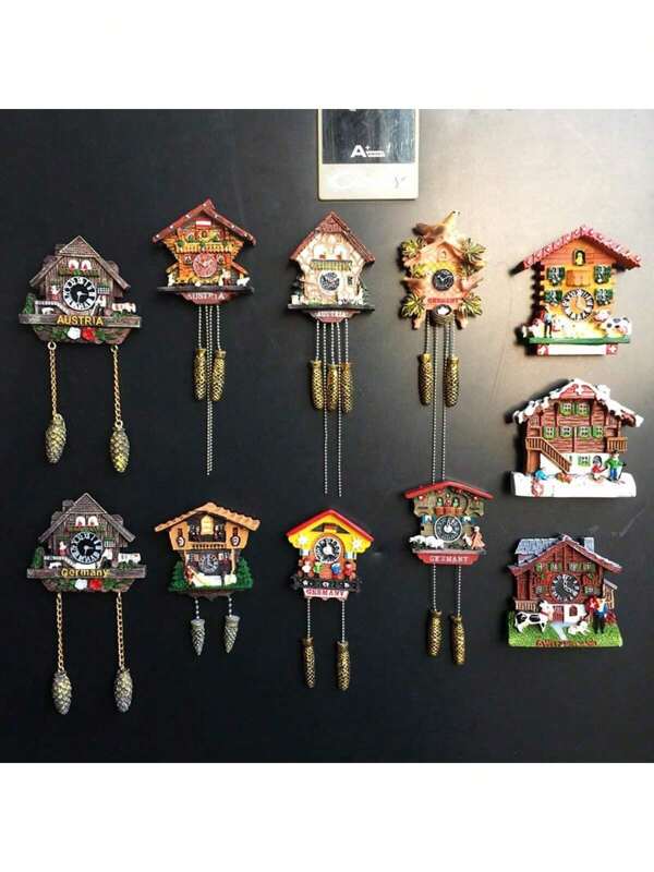 1pc Handcrafted Germany/Austria/Switzerland Souvenir Wooden Cuckoo Clock Fridge Magnet, Creative Painted Gift Item In Van Gogh Style