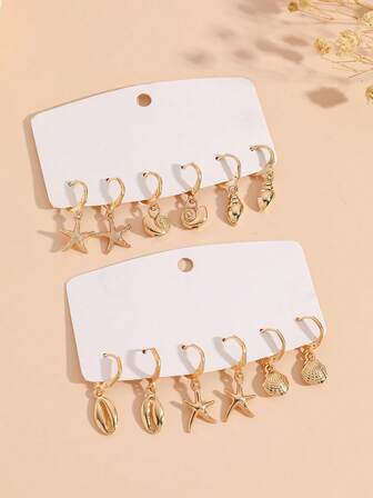 6 件/套夏季海滩耳环时尚锌合金可爱海星贝壳海螺吊坠耳环套装适合女性日常旅行和度假佩戴