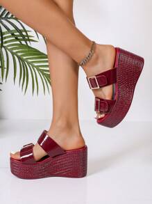 Nuevas sandalias de tacón alto y plataforma antideslizante para mujeres, de tacón grueso y punta abierta, de color burdeos brillante, zapatos de cuña de verano con suela gruesa