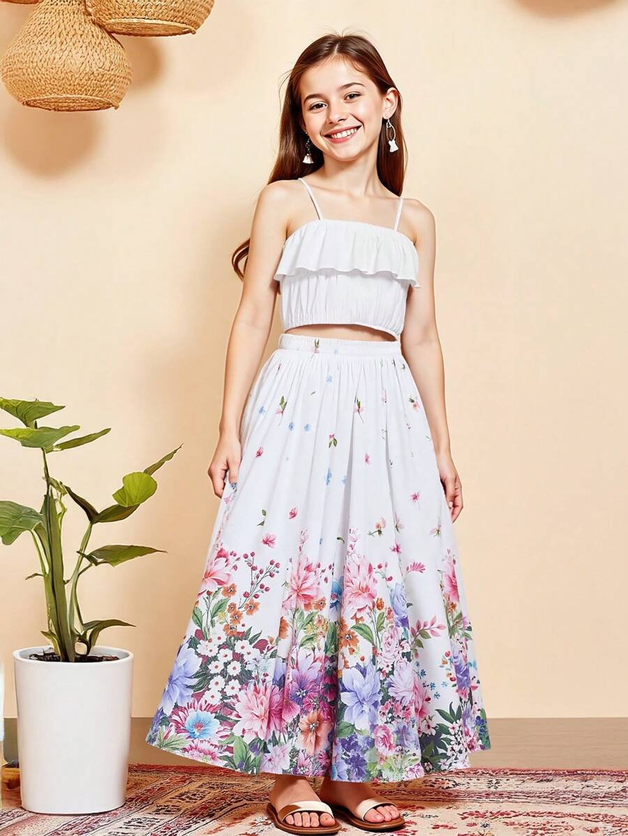 Conjunto de 2 piezas para niñas: Top de tirantes con estampado floral y falda larga, conjunto elegante de estilo campestre para vacaciones de verano