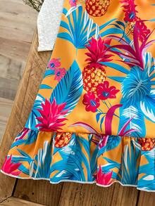 2pcs/Set Girls Fashion Casual Plant Print Dress & Solid Blue Dress, Suitable For Party, Casual, Beach Vacation Wear, Summer - Multicolor - View 7