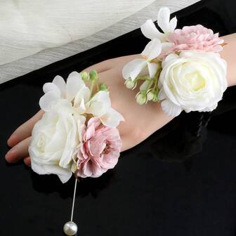 1 件胸花 + 1 件腕花男女通用优雅新娘新郎胸花和伴娘胸花人造白玫瑰和雏菊装饰花胸针适用于婚礼、派对、日常穿着、舞会