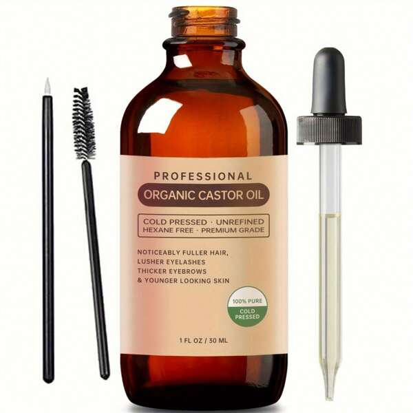 Castor Oil For Hair Care, Cold Pressed, Hair Serum For Moisturizing Hair, Lashes & Brows, Nourishing & Cleanses Skin (1oz + 2 BONUS Pre-Filled Eyelash & Eyebrow Brushes)