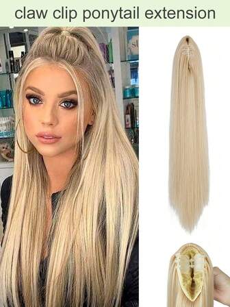 Ponytail Extension Claw Clip Ponytail Hair Extension 24 Inch Long Straight Ponytail Hair Pieces For Women Synthetic Fiber Natural Hair Extension Ponytail For Women Daily Use(Blonde)