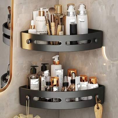 1/2件套转角淋浴置物架，自粘式壁挂转角淋浴架，浴室转角收纳架，无需钻孔，悬挂式，2件套，轻便易装，简约优雅，适合收纳浴室和厨房用品，适用于厨房、浴室、酒店等场所。