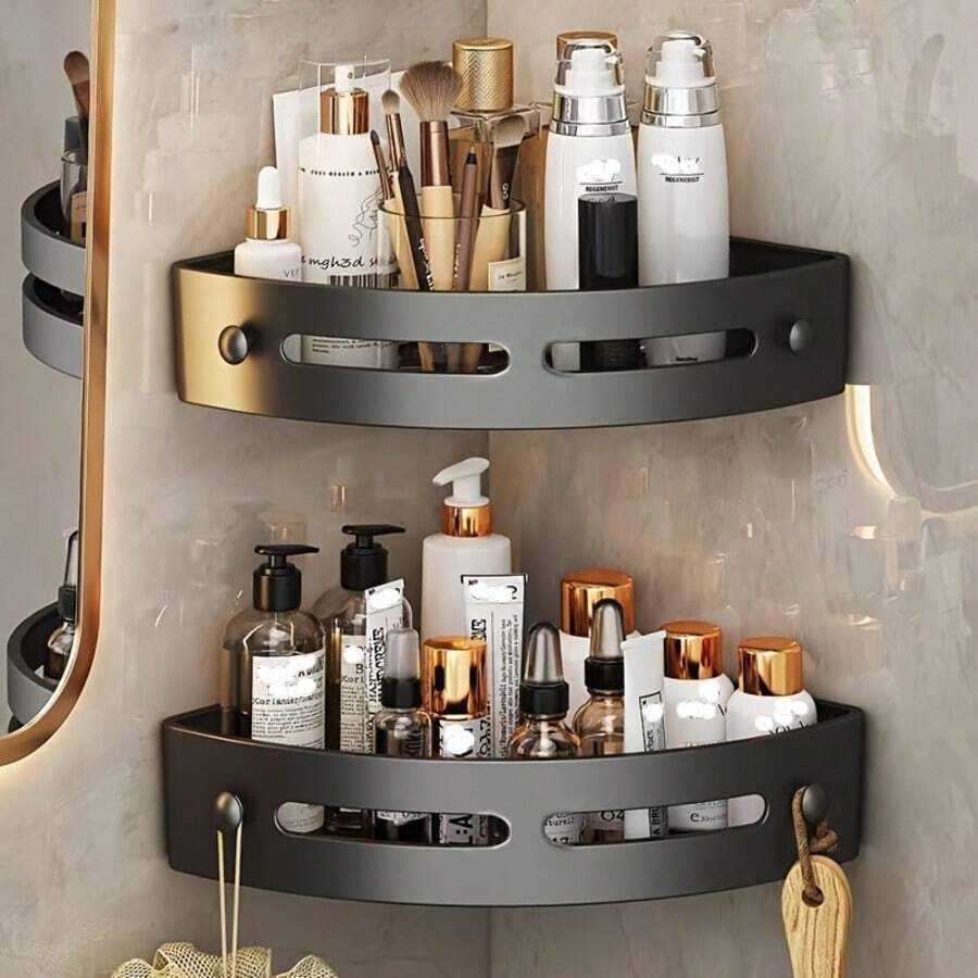 1/2 件浴室转角淋浴架自粘式壁挂式转角淋浴架，浴室转角储物架，自粘式，无需钻孔，可悬挂，两件式，轻便，易于安装，简单先进，用于存放浴室洗漱用品厨房用品，适用于厨房、浴室、酒店 - 彩色 - 查看 1