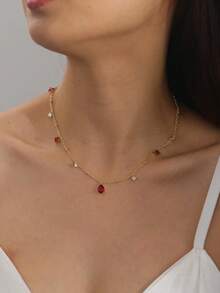 FUNEIA 14K Gold Plated  Necklaces For Women CZ Diamond Choker Necklace Red Emerald Green Blue Black Teardrop Necklace For Wedding Bridesmaid Prom  Gold Jewelry Gift - 酒紅色 - 查看 2