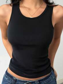 1pc Solid Color Casual-Comfy Minimal Casual-Regular Casual Leisure-Sports Casual Ribbed Racerback Tank Top