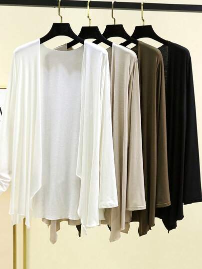 1pc Black, White & Beige Rayon Mid-Length Asymmetrical Loose Fit Thin Long Sleeve Air Conditioning Cardigan, Plus Size