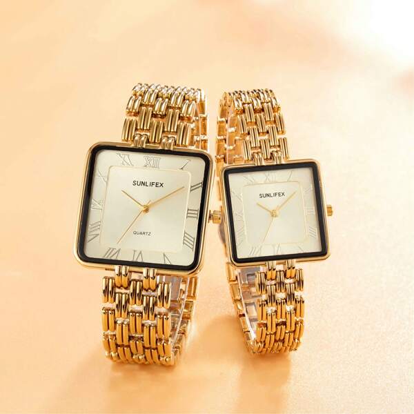 1pc Men And Women's Gold Square Couple's Watch, With Roman Numerals On The Surface, Suitable For Business Work, Daily Use, As A Gift For Lovers, As A Gift For Father's Day And Mother's Day.