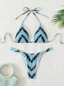 LUCKY HOLIDAY Fashionable And Sexy Strappy Triangle Bikini Set - Light Blue - View 2