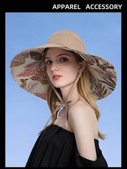 1pc Spring & Summer New Leaf Pattern Sun Hat, Ladies Half-Brimmed Ponytail Bucket Hat, Wide Brim