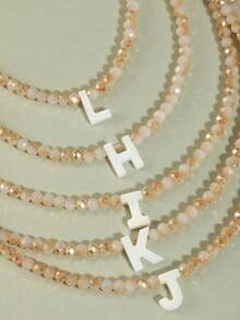 1pc European And American Style Shell Letter Pendant Collarbone Necklace With Crystal Beaded Chain, Super Shiny & Exquisite Alphabet Pendant Necklace, Stainless Steel Chain Accessories, Gift For Women - Beige - View 2