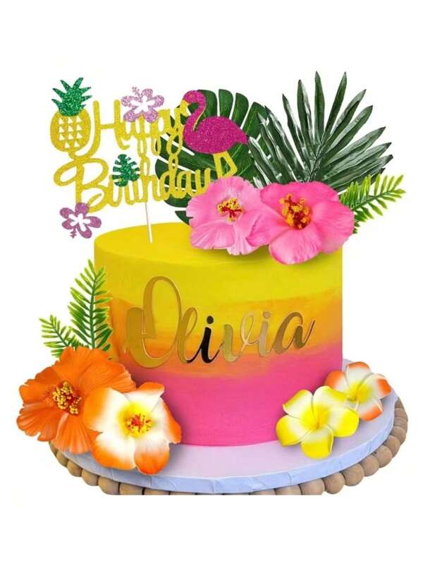 13 pezzi o 1 pezzo di decorazioni per torta Flamingo hawaiano, decorazioni per torta con fiori hawaiani ibisco e foglie di palma, decorazioni per torta con Flamingo per Buon Compleanno, adatte per decorazioni di torte per compleanni, decorazioni per torte a tema hawaiano estivo