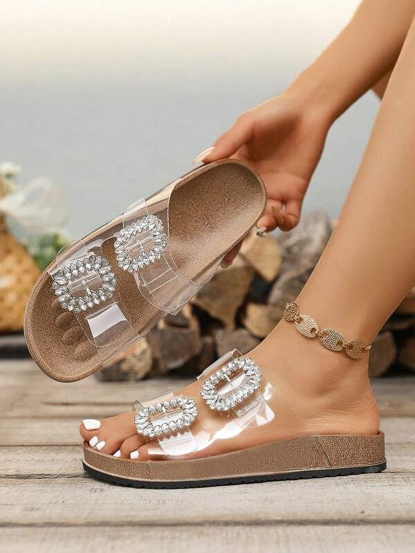 Flat Sandals, Outdoor, Beach, Casual, Soft Sole, Arch Support, Transparent, Rhinestone Decor, Adjustable Buckle Slides