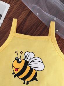 3pcs Baby/Baby Girl Summer Sleeveless Cute Cartoon Bee & Floral Print Bodysuit Set