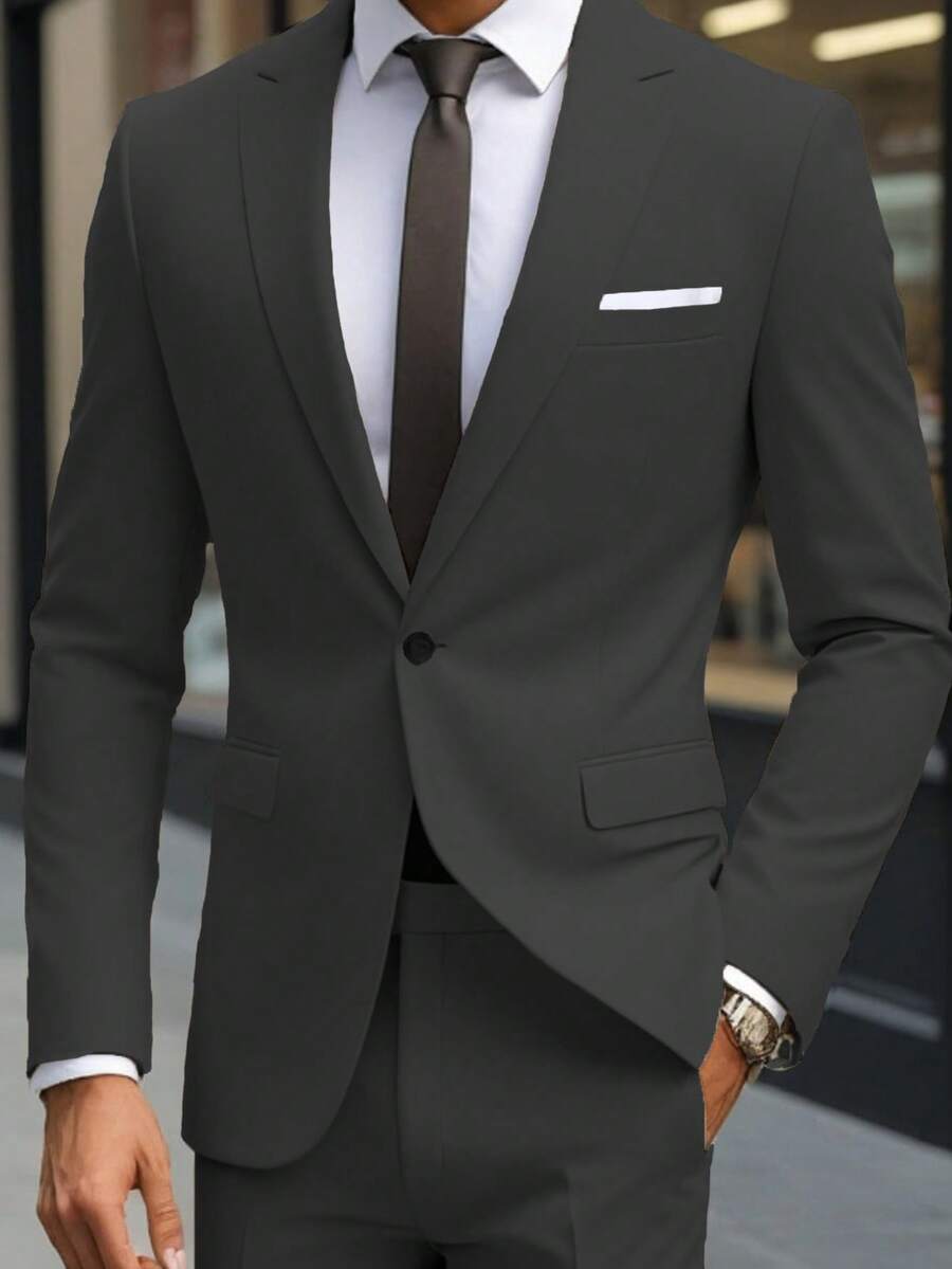 Men's Casual Suit Set With Jacket And Pants, Versatile For Spring & Autumn - Black - View 1