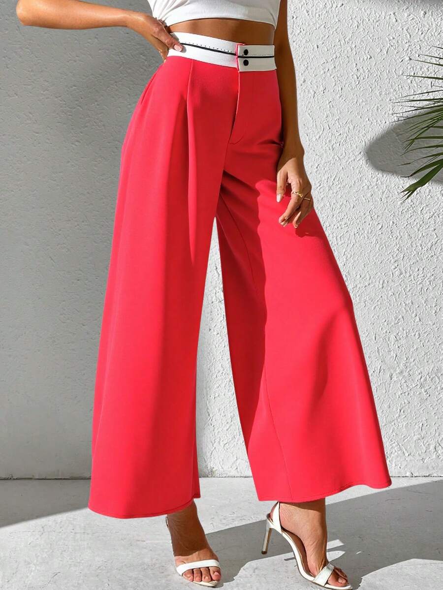 Pantalon amplio dama mujer pretina sastre inversa tablones frontales bolsillos wide leg - Rojo - Ver 1