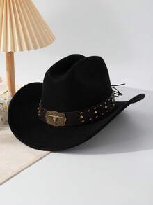 1pc Solid Color Casual Vintage Polyester (Polyester) Animal Shaped Cowboy Hat With Retro 3D Copper Bull Head Badge, Square Rivet, Round Rivet, Yellow Stone Element Leather Strap, American Western Wide Brim Cowboy Hat