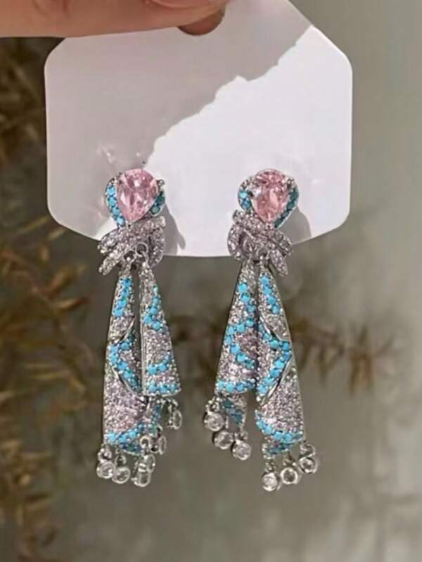 1 Pair French Exquisite Colored Silk Luxurious Crystal Tassel Earrings With Silver Needles For Women, High-End Elegant For Party & Daily Wear, Autumn & Winter