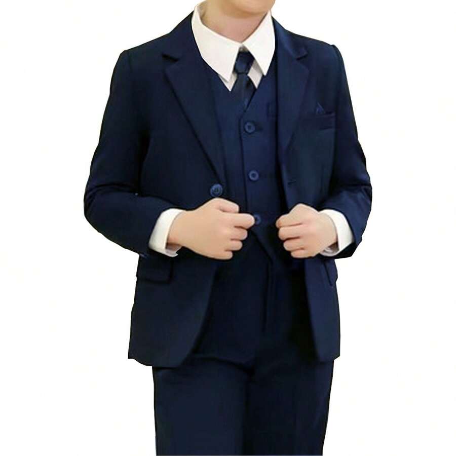 Children's Complete Suit Kit 5 Pieces Jacket + Pants + Shirt + Tie + Belt Premium Social Oxford Fabric Groom Page Boy 1 To 16 Years Old - 藏蓝色 - 查看 1