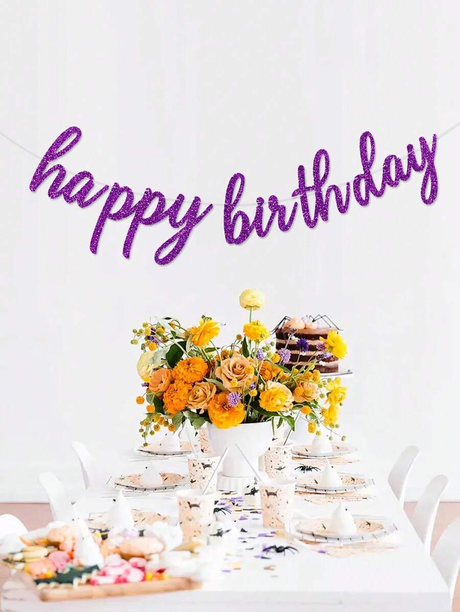1pc Purple Glitter "Happy Birthday" Banner, Birthday Party Background Decoration Pull Flag - Purple - View 1