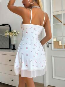1pc Women Flower Print Lace Trim Comfortable Nightgown - White - View 2
