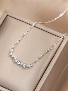 1pc Exquisite Fashionable S925 Sterling Silver Zirconia Crystal Bow Pendant Necklace, Charming Delicate Clavicle Chain Jewelry Gift For Mom, Wife, Daughter On Birthday, Christmas, Mother's Day, Anniversary - 1.8g - Silver - View 5