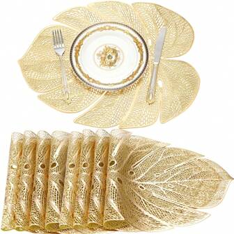 5 Pieces Wedding Leaf Placemat Metal Plastic Placemat Pressed Vinyl Table Mat Tropical Leaf Dining Table Mat For Dining Wedding Decoration Dining Table Decoration (Gold)