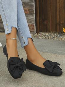 Women's Bow Square Toe Wide Fit Ballerina Flats, Comfortable Slip-On Loafers, Elegant For Spring/Summer Everyday, Office, Commuting, Black Wide Width Shoes