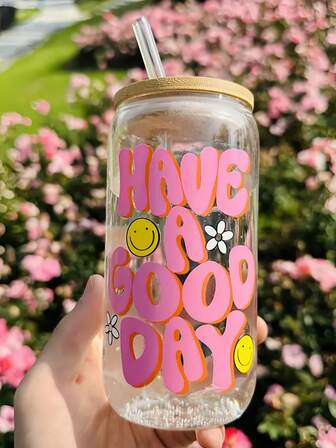 1 件，16 盎司罐形玻璃饮水杯，带盖和吸管 - 适合冰咖啡、啤酒、果汁和牛奶 - 适合生日礼物和美好一天的饮具