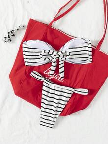 New Summer Women 2pcs Striped Bikini Set With Detachable Straps, Casual Beach Holiday Swimwear Vacation - Black and White - View 2