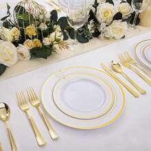 50pcs/Set Gold Cutlery Set, 10pcs 19cm Plates, 10pcs 26cm Plates, 10pcs Gold Forks, 10pcs Gold Spoons, 10pcs Gold Knives, Suitable For Wedding, Party, Birthday, Kitchen, Beach BBQ, Picnic, Camping, Restaurant, Easter, Halloween, Valentine's, Charity , Bakery, Market Stall, Outdoor, Convenient For Travel, Reusable And Washable - Gold - View 6