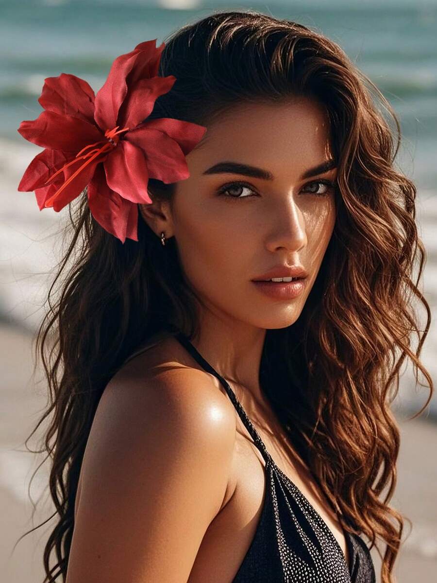 1 Peça Clipe de Cabelo Decorativo com Flor Artificial de Tecido Grande de 13cm, Acessório de Cabelo Estilo Boêmio para Franja Lateral, Adequado para Praia, Viagem, Encontros e Uso Diário, Presilhas, Clipes de Cabelo, Grampos de Cabelo, Peça de Cabelo, Acessórios de Cabelo - Multicolorido - Visão 1