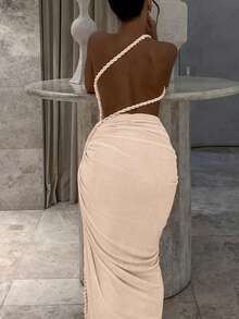 Women Summer Solid Patchwork Backless Side Slit Ruched Long Dress Bodycon Sexy Elegant Party Dress Prom - Apricot - View 3