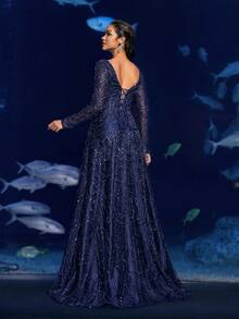 Faeriesty Haute Glamour Elegant V-Neck Long-Sleeve Beaded A-Line Evening Gown With Back Tie Closure – Perfect For Black-Tie Galas, Red Carpet Events, Gala Dinners, Opera Premiers & Luxury Wedding Receptions - Navy Blue - View 3