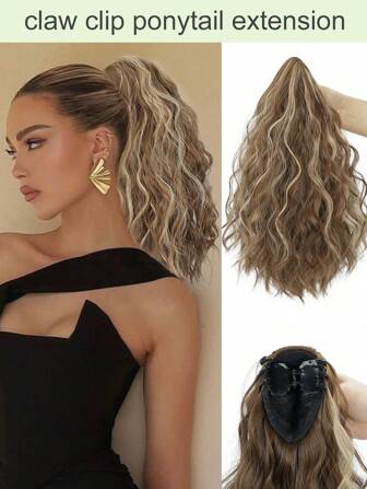 Extensión de cola de caballo, extensiones de pelo en cola de caballo de 16" con pinza de garra de fibra sintética suave y natural con ondas para uso diario de mujeres (Marrón claro)(Rubio)