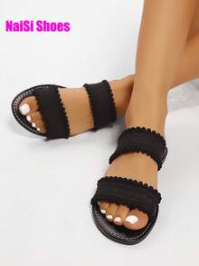 女士休闲圆头编织一脚蹬平底凉鞋，系带简约平底凉鞋，舒适适合旅行、海滩、夏季、白色、棕色、黑色、豹纹、碎花