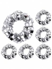 2个/6个/12个/16个/20个/30个装迪斯科球闪光金属发圈，闪亮银色弹力发绳马尾辫发圈，适合女性女孩复古迪斯科派对礼品发圈发绳头饰弹力发带美容家居发饰 - 銀色 - 查看 6