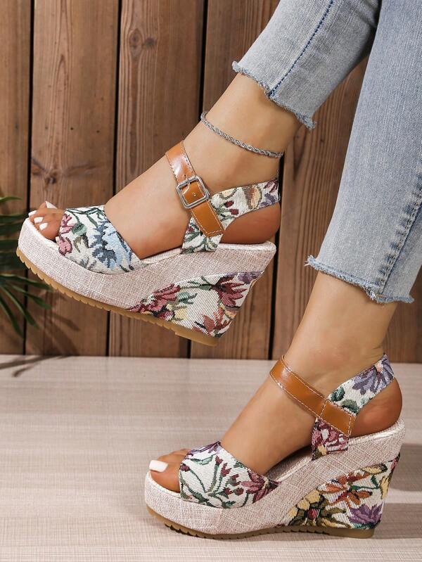 2024 New European Women Platform Floral Print Slide Sandals, Summer Outdoor Casual Leisure Chunky Wedge Adjustable Strap Comfortable Open Toe Shoes