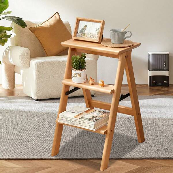 Escalera plegable, taburete de escalón de madera sólida multifuncional plegable, taburete de escalón para el hogar y la oficina, taburete de escalón plegable portátil de 3 escalones, antideslizante y ligero