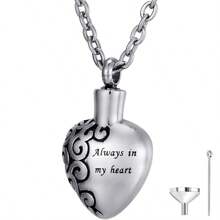 Heart Carving Flower Stainless Steel Cremation Urn Necklace Always In My Heart Memorial Keepsake Cremation Jewelry For Human Ashes Waterproof Jewelry