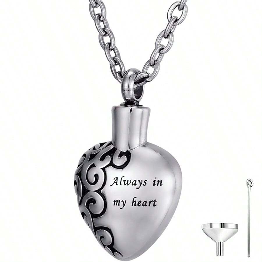 Heart Carving Flower Stainless Steel Cremation Urn Necklace Always In My Heart Memorial Keepsake Cremation Jewelry For Human Ashes Waterproof Jewelry