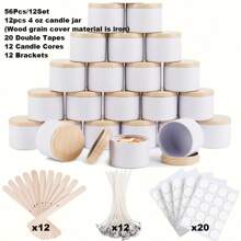 56 peças/12 conjuntos Latas de Velas Brancas, Potes de Vela Brancos Foscos de 4 Onças com Tampas Estampa de Madeira para Fazer Velas, Suportes de Pavio, Adesivos de Pavio para Fazer Velas, Artesanato DIY, Armazenamento de Pequenos Itens