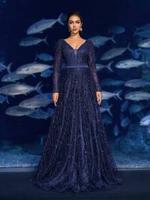 Faeriesty Haute Glamour Elegant V-Neck Long-Sleeve Beaded A-Line Evening Gown With Back Tie Closure – Perfect For Black-Tie Galas, Red Carpet Events, Gala Dinners, Opera Premiers & Luxury Wedding Receptions - Navy Blue - View 4