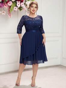 Plus Glitter Sequin Floral Lace Contrast Chiffon Ruffle Wrap Hem Elegant Prom Evening Party Swing Dress, Wedding Guest Dress, For Birthday, Graduation, Date Night - Navy Blue - View 10