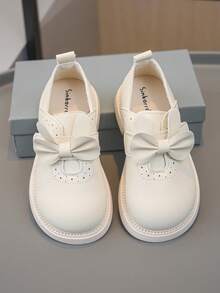 1 Pair Toddler Girls' Bow Hook-And-Loop Cute Princess Style Flats, Suitable For Spring - Beige - View 5