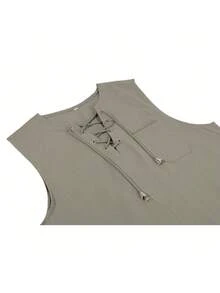 Camiseta sin mangas para hombres de verano con cuello cordón diseño, material de lino, moda, transpirable y cómodo, adecuado para la playa, vacaciones, viajes - Gris Claro - Ver 4