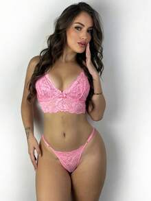 Seduction Lace Lingerie Set Side Adjustment Sensual Feminine Sexy - 粉色 - 查看 1