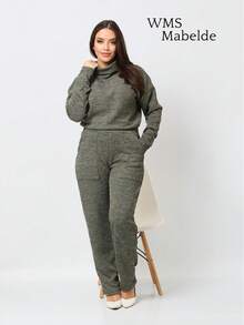 WMS Women's Woolen Ribbed Crew Neck Pants Set SimpleElegantCasualCutePocket - Grey - View 3